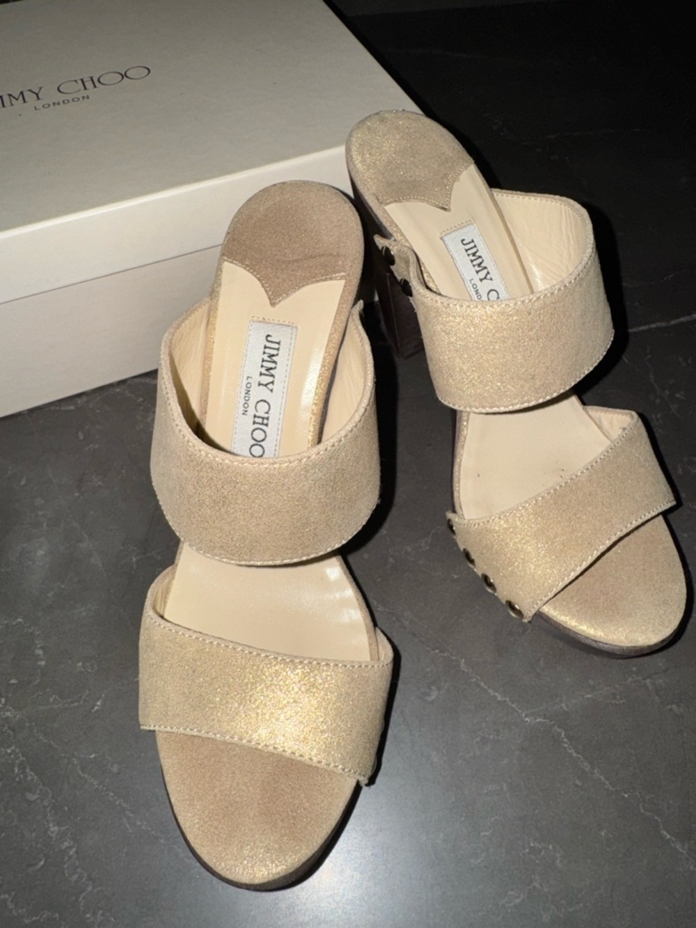 Jimmy Choo Beige Gold Metallic Block Heel Sandals - Picture 3 of 6